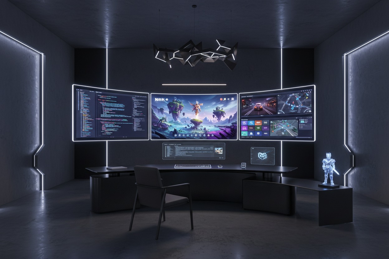 A futuristic, dark-themed office setup features a large desk with multiple curved monitors displaying code, gaming graphics, and software interfaces under a modern geometric chandelier.