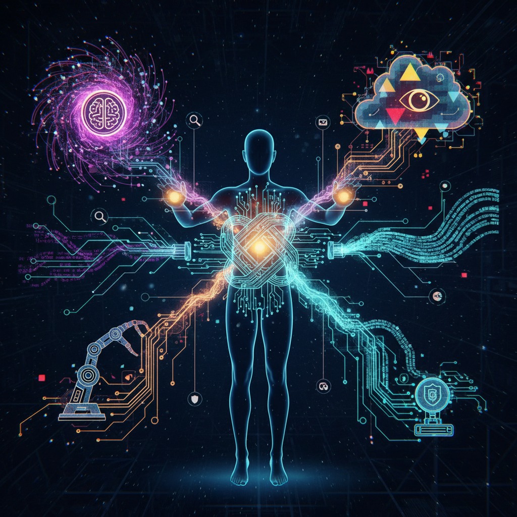 A digital silhouette of a human figure is connected to glowing icons representing a brain, a cloud, a robotic arm, and a security shield through a network of circuit board lines.
