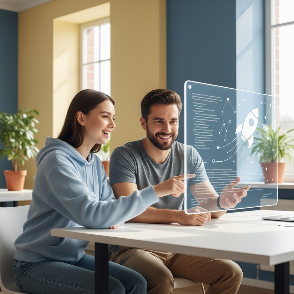 A man and a woman sit at a desk and interact with a transparent digital screen displaying code and a rocket icon.