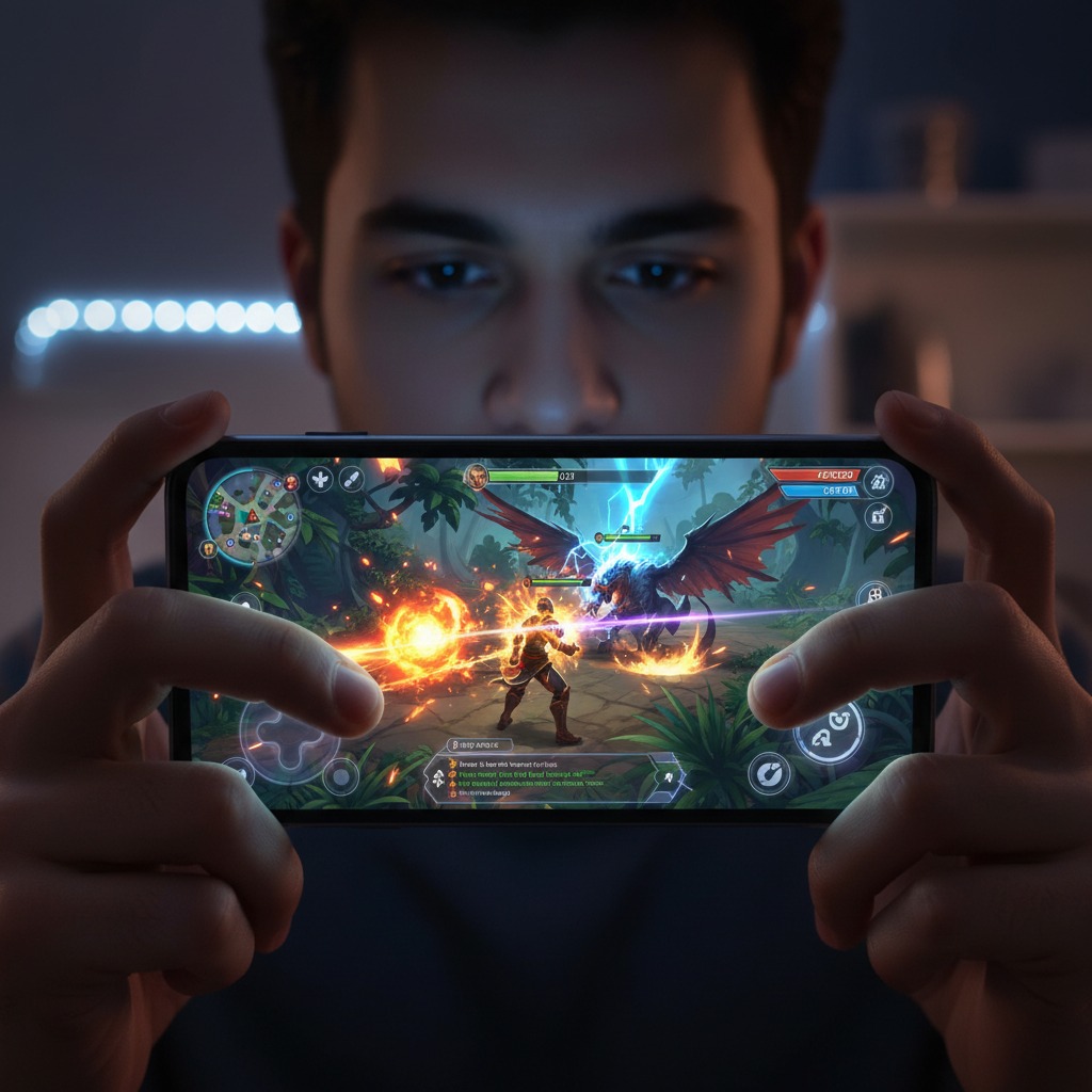 A person holds a smartphone displaying a fantasy action game featuring a character battling a winged dragon in a jungle setting.